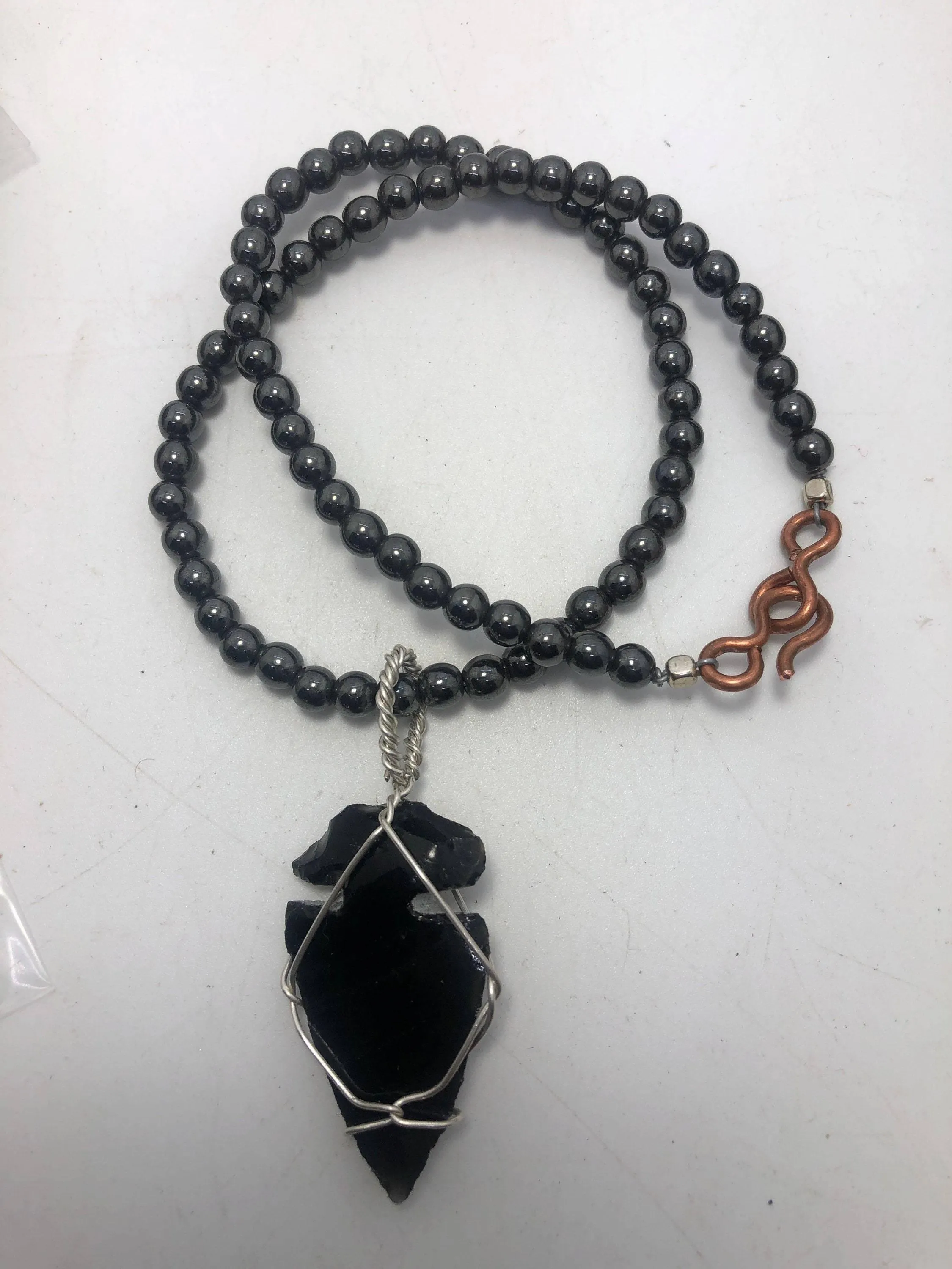 18 inch 6mm Hematite Beaded necklace with Apache Tear Obsidian Pendant