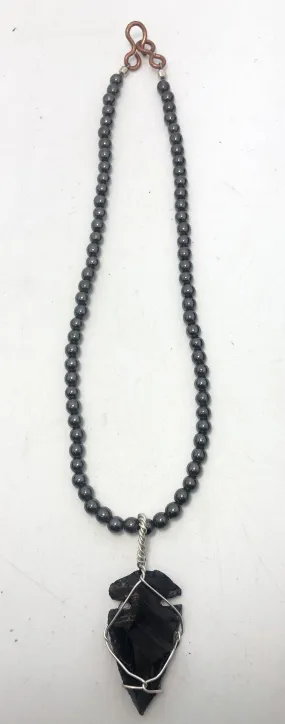 18 inch 6mm Hematite Beaded necklace with Apache Tear Obsidian Pendant