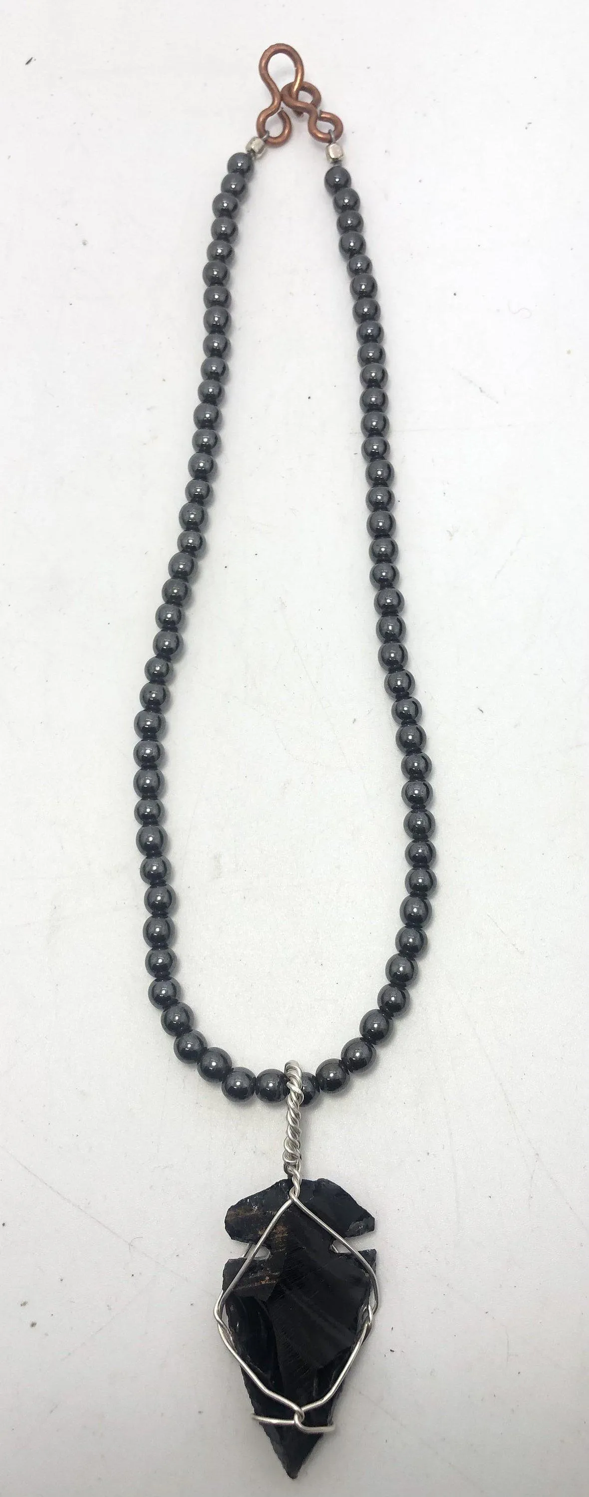 18 inch 6mm Hematite Beaded necklace with Apache Tear Obsidian Pendant