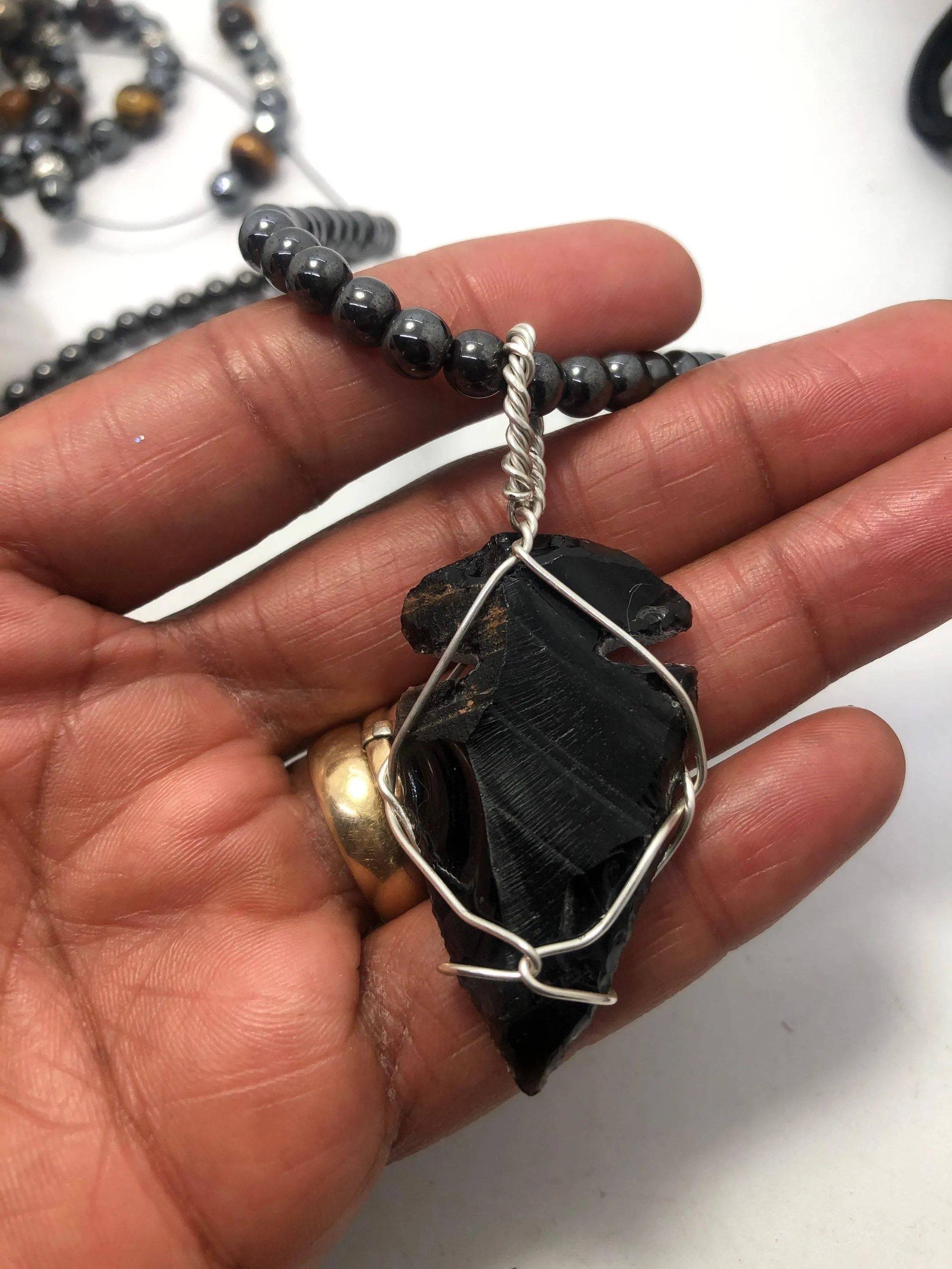 18 inch 6mm Hematite Beaded necklace with Apache Tear Obsidian Pendant