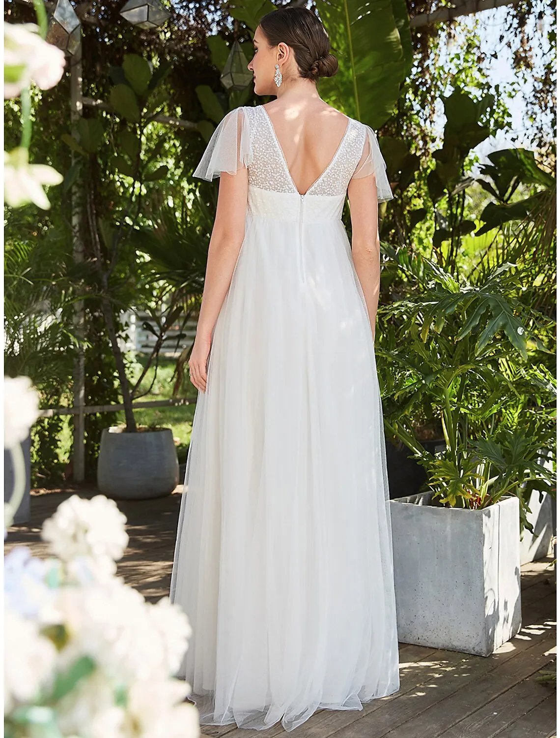 Aimishang  A-Line Evening Gown Maternity Dress Formal Evening Floor Length Short Sleeve V Neck Tulle V Back with Pure Color Tiered