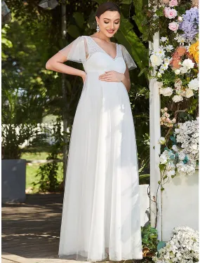 Aimishang  A-Line Evening Gown Maternity Dress Formal Evening Floor Length Short Sleeve V Neck Tulle V Back with Pure Color Tiered