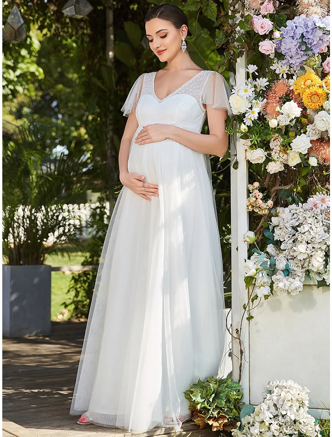 Aimishang  A-Line Evening Gown Maternity Dress Formal Evening Floor Length Short Sleeve V Neck Tulle V Back with Pure Color Tiered