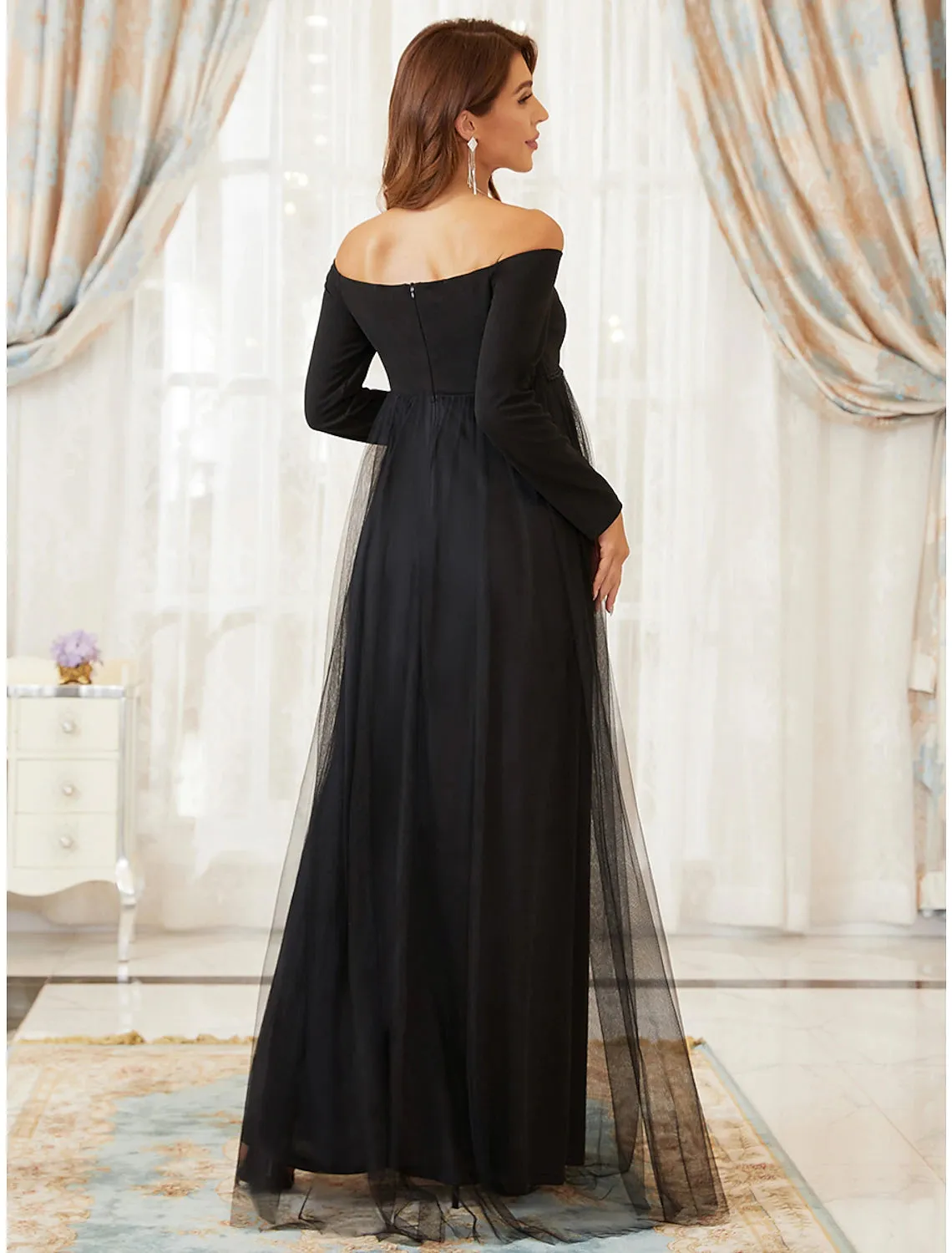 Aimishang  A-Line Mother of the Bride Dress Maternity Elegant Off Shoulder Floor Length Tulle Long Sleeve with Tier
