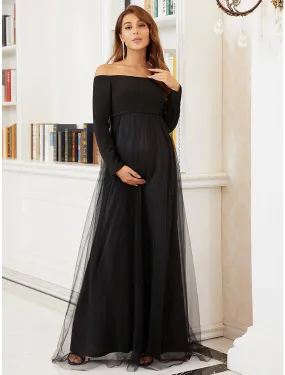 Aimishang  A-Line Mother of the Bride Dress Maternity Elegant Off Shoulder Floor Length Tulle Long Sleeve with Tier