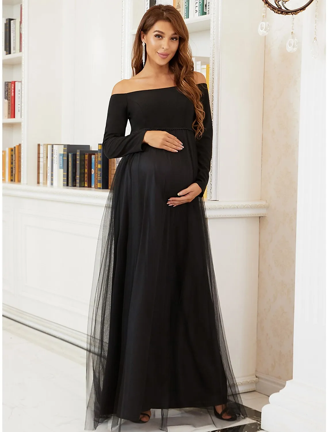Aimishang  A-Line Mother of the Bride Dress Maternity Elegant Off Shoulder Floor Length Tulle Long Sleeve with Tier