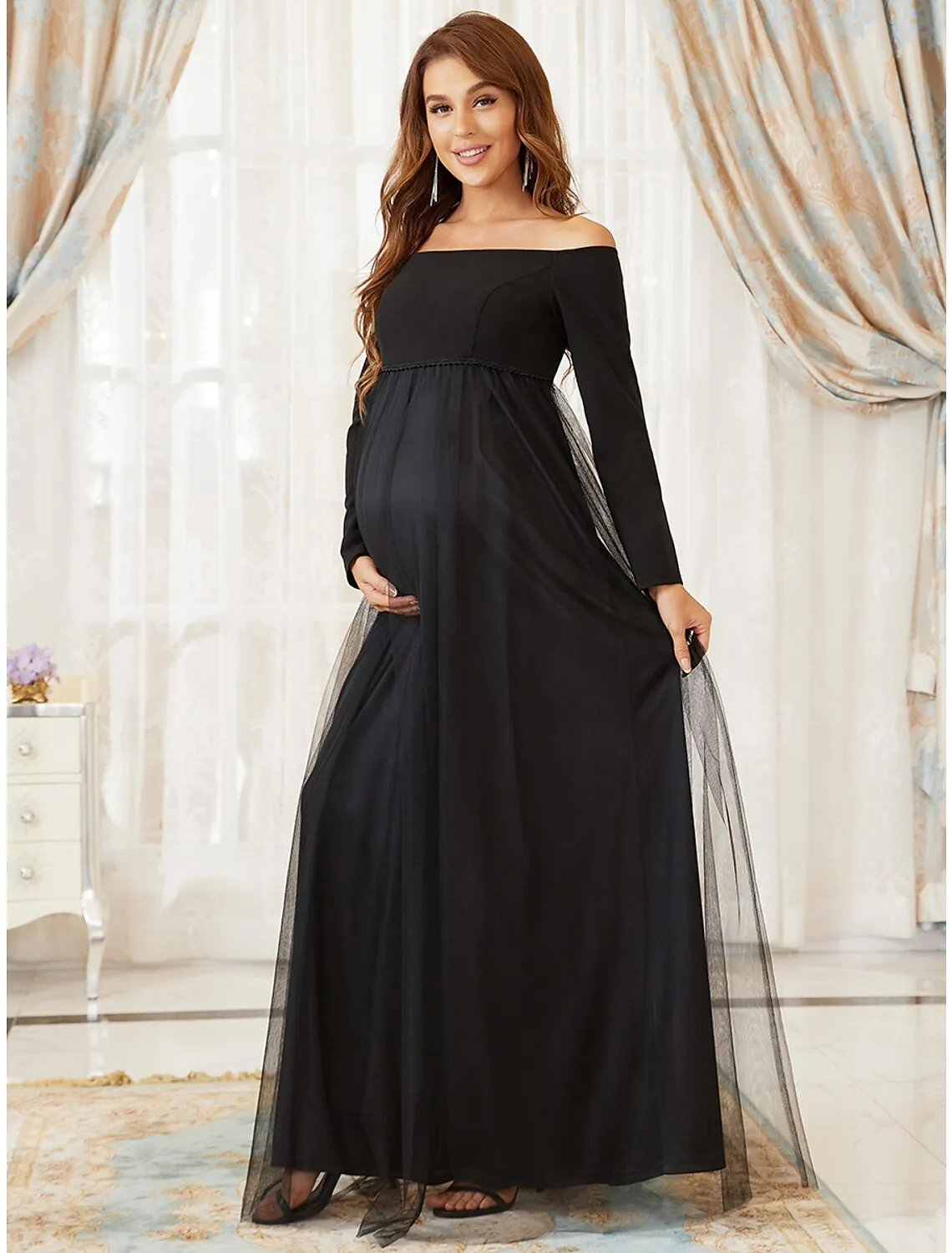 Aimishang  A-Line Mother of the Bride Dress Maternity Elegant Off Shoulder Floor Length Tulle Long Sleeve with Tier