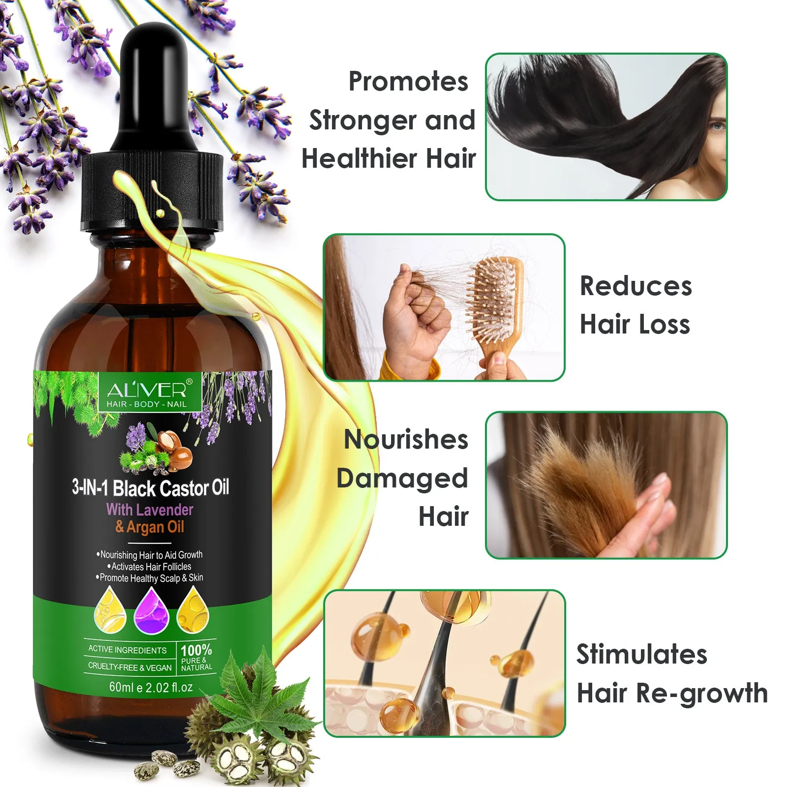Aliver 3-IN-1 Black Castor Oil With Lavender & Argan Oil