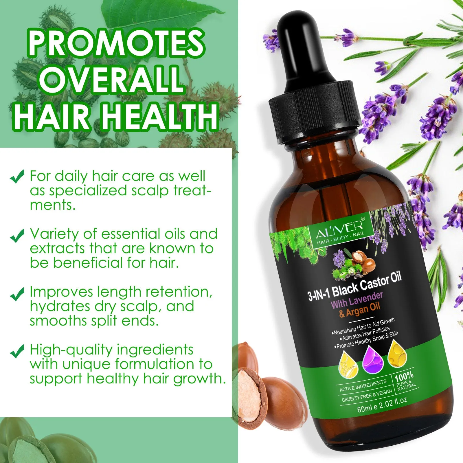 Aliver 3-IN-1 Black Castor Oil With Lavender & Argan Oil