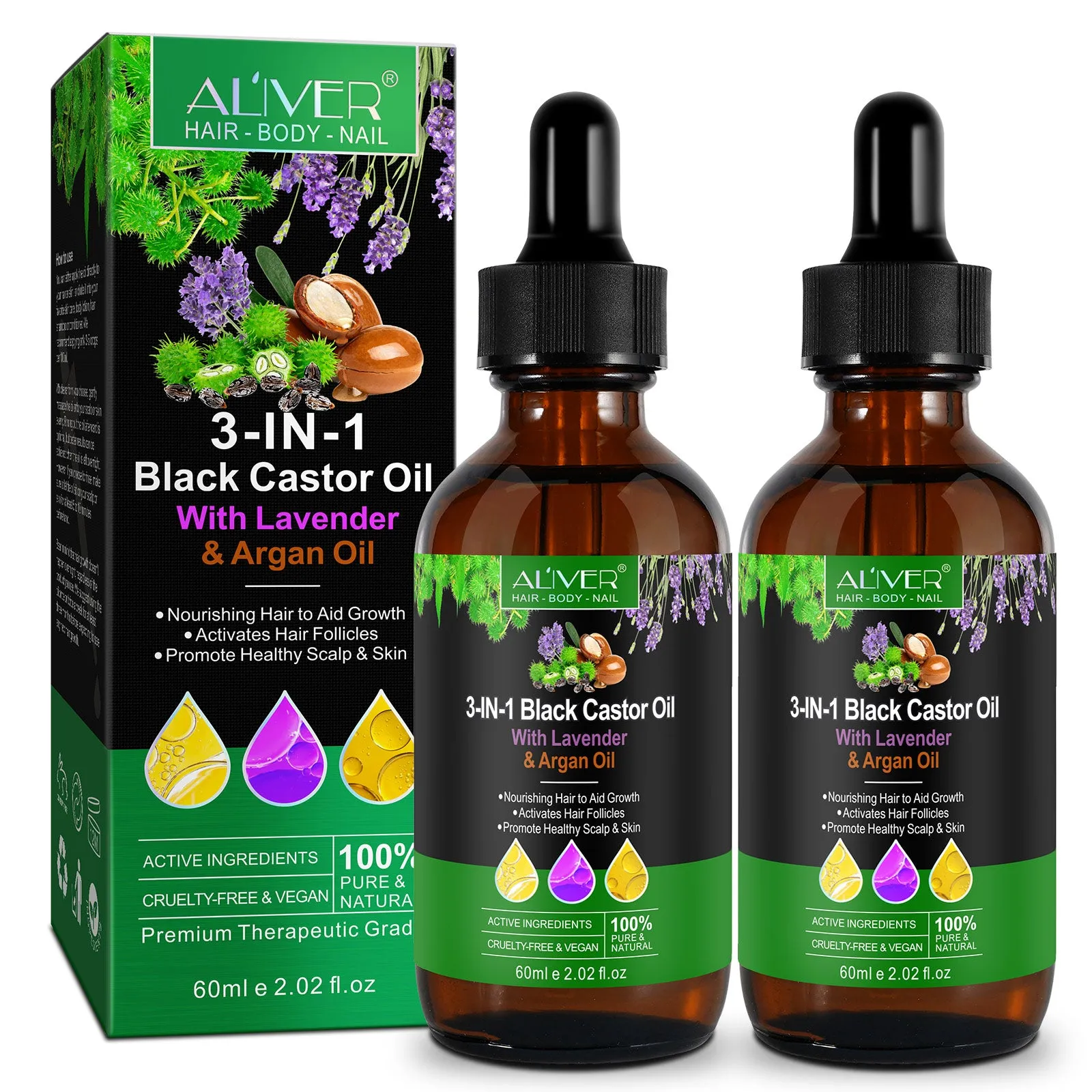 Aliver 3-IN-1 Black Castor Oil With Lavender & Argan Oil
