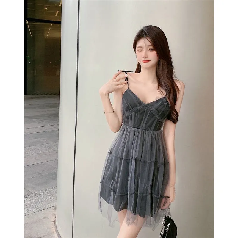Cami V-Neck Elf Tie-Up Mesh Slimming Dress