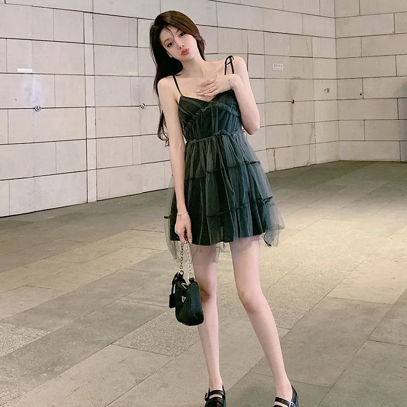 Cami V-Neck Elf Tie-Up Mesh Slimming Dress