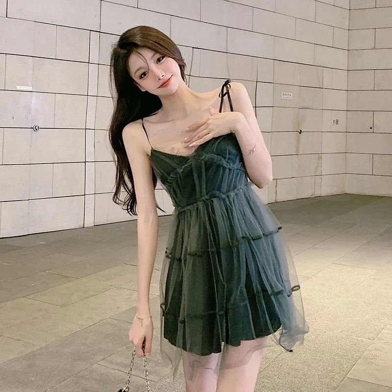 Cami V-Neck Elf Tie-Up Mesh Slimming Dress