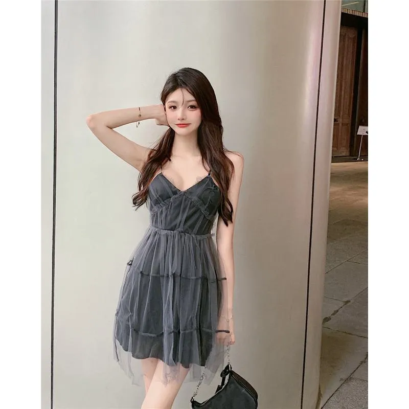 Cami V-Neck Elf Tie-Up Mesh Slimming Dress