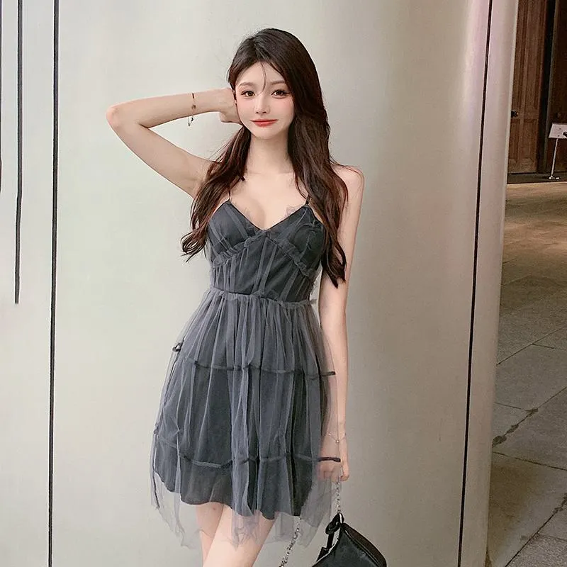 Cami V-Neck Elf Tie-Up Mesh Slimming Dress