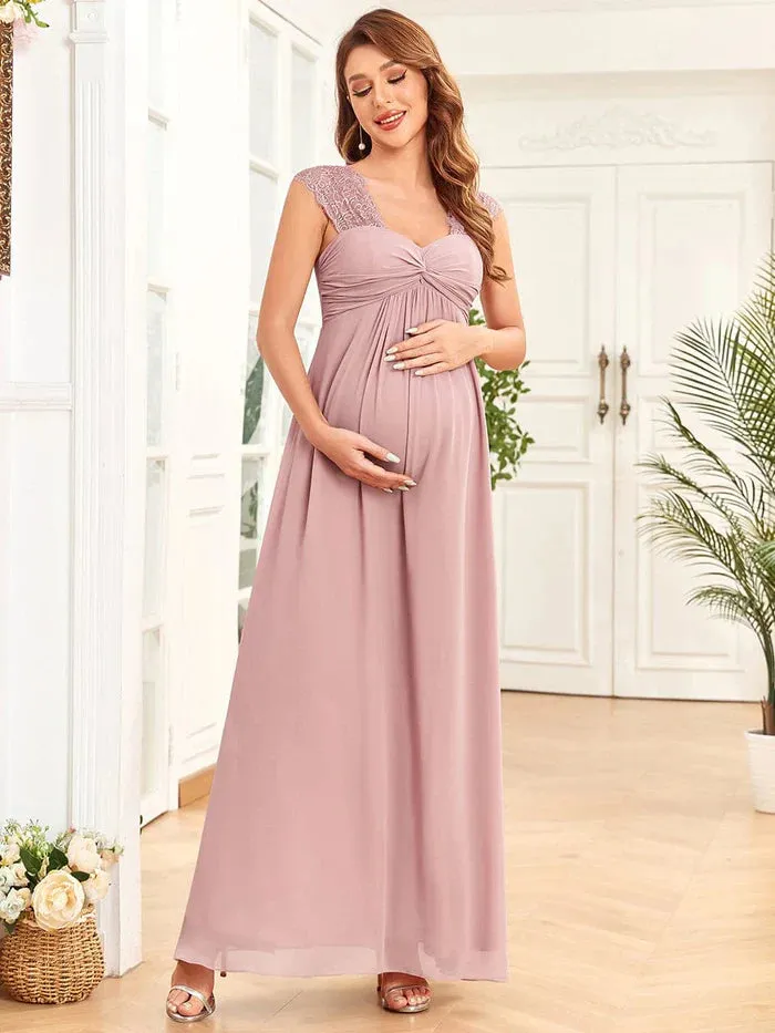 Chiffon Floor-Length Sleeveless Lace Ruched Sweetheart Maternity Dress
