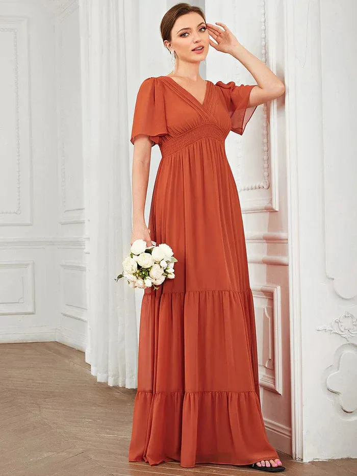 Chiffon V-Neck Short Sleeve Vintage Prairie Tiered Maxi Maternity Bridesmaid Dress