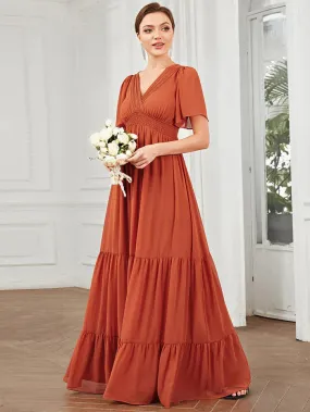 Chiffon V-Neck Short Sleeve Vintage Prairie Tiered Maxi Maternity Bridesmaid Dress