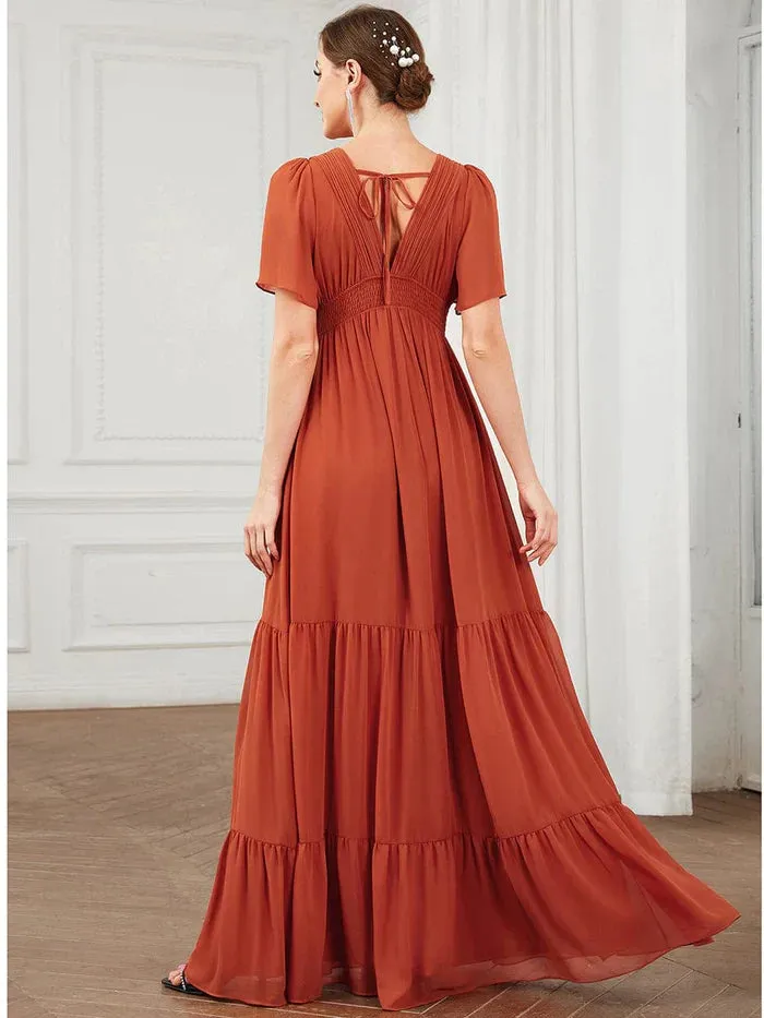 Chiffon V-Neck Short Sleeve Vintage Prairie Tiered Maxi Maternity Bridesmaid Dress