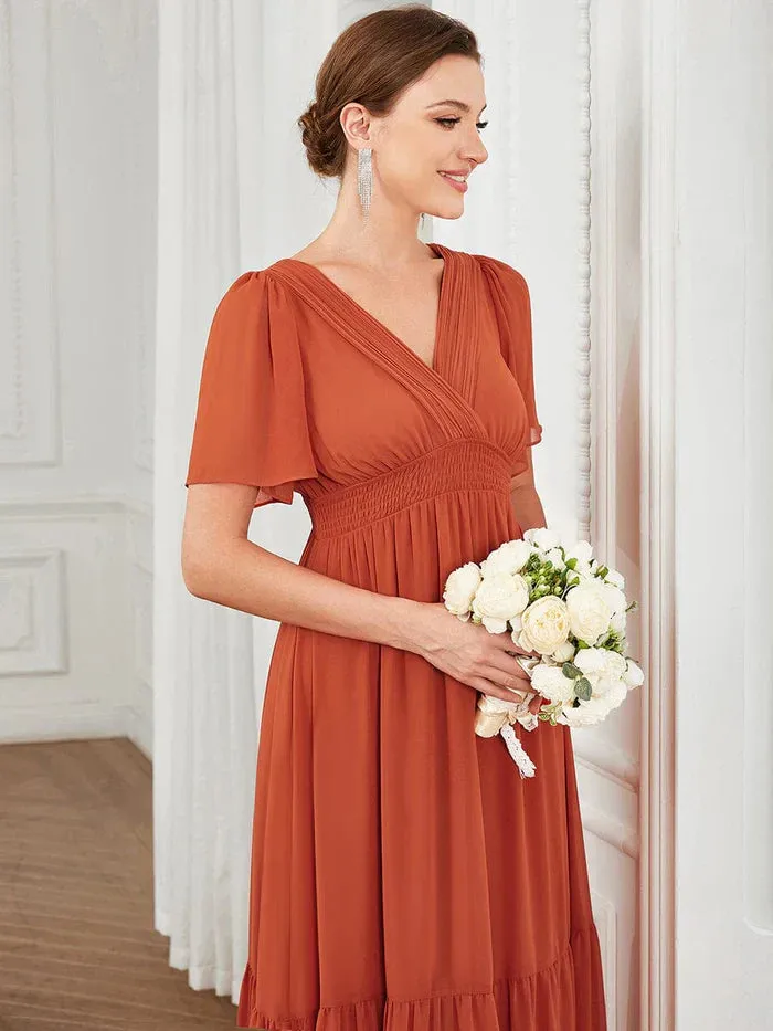 Chiffon V-Neck Short Sleeve Vintage Prairie Tiered Maxi Maternity Bridesmaid Dress