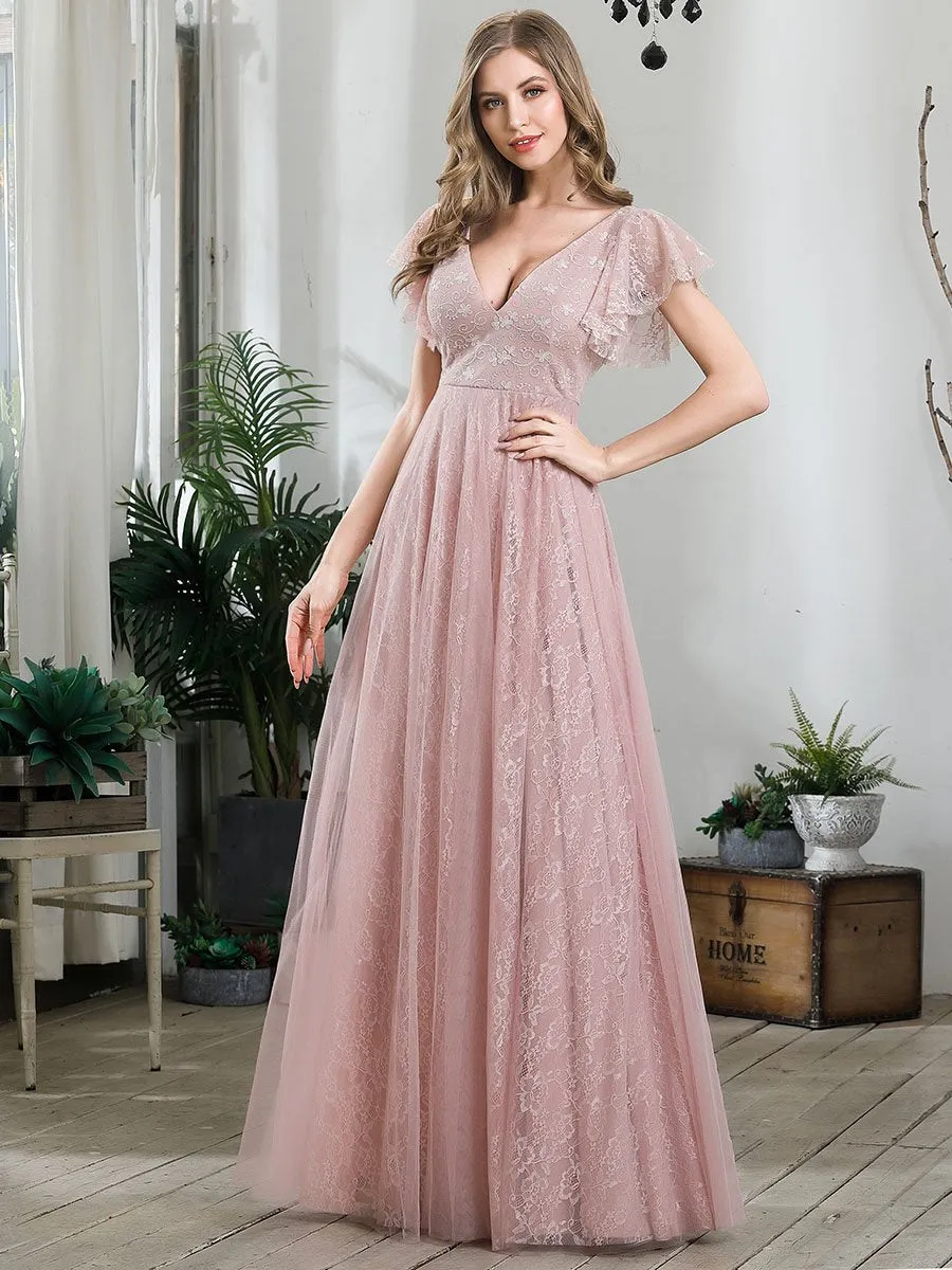 Double V-Neck Floor Length Wholesale Dresses with Short Sleeve