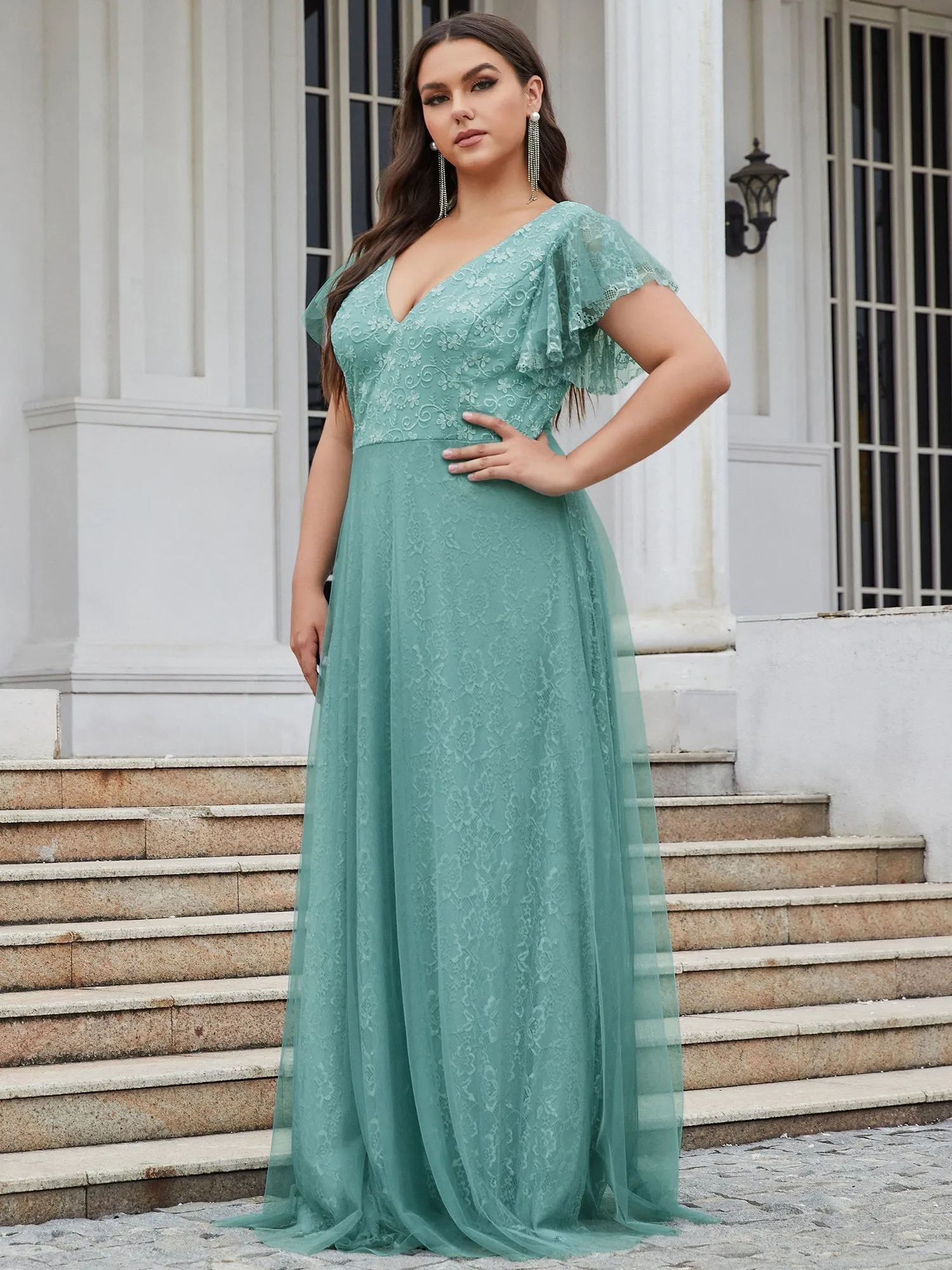 Double V-Neck Floor Length Wholesale Dresses with Short Sleeve