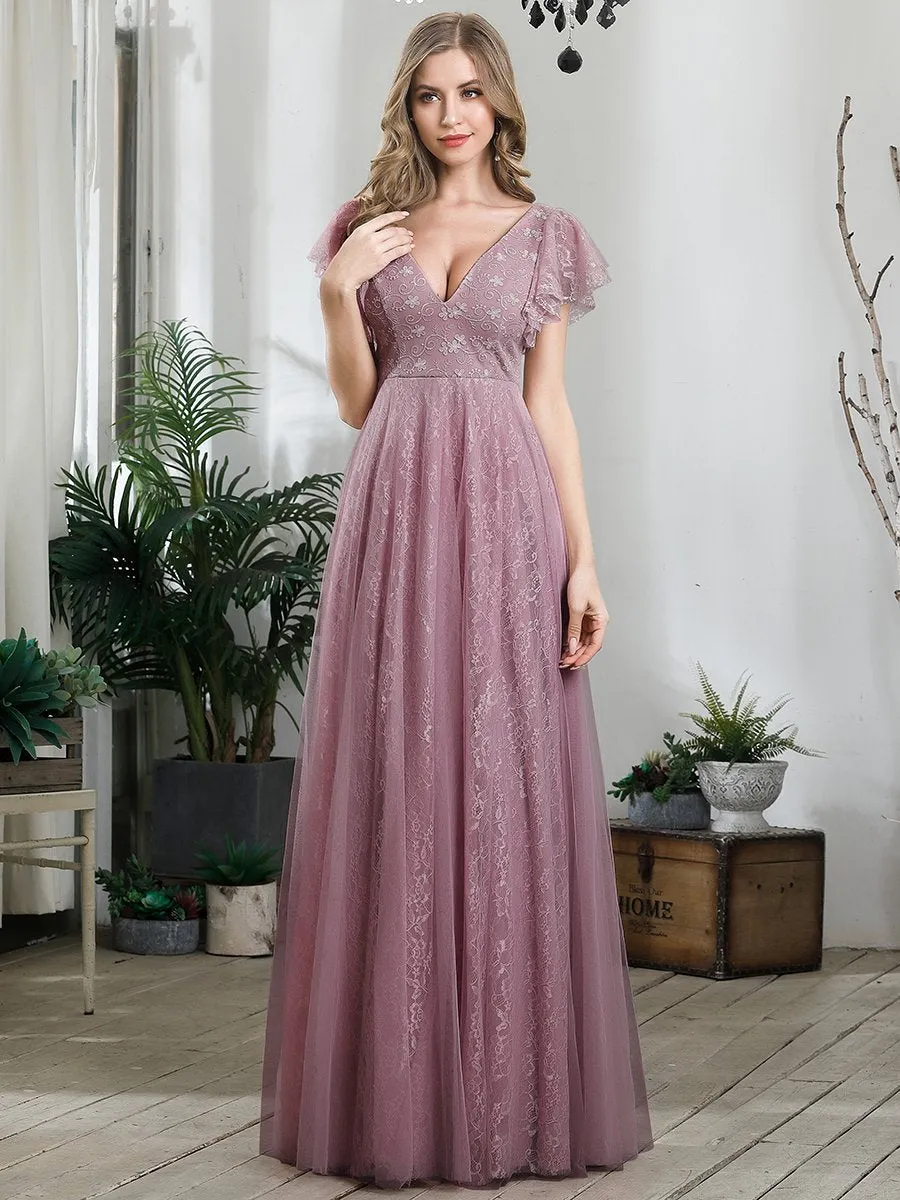 Double V-Neck Floor Length Wholesale Dresses with Short Sleeve