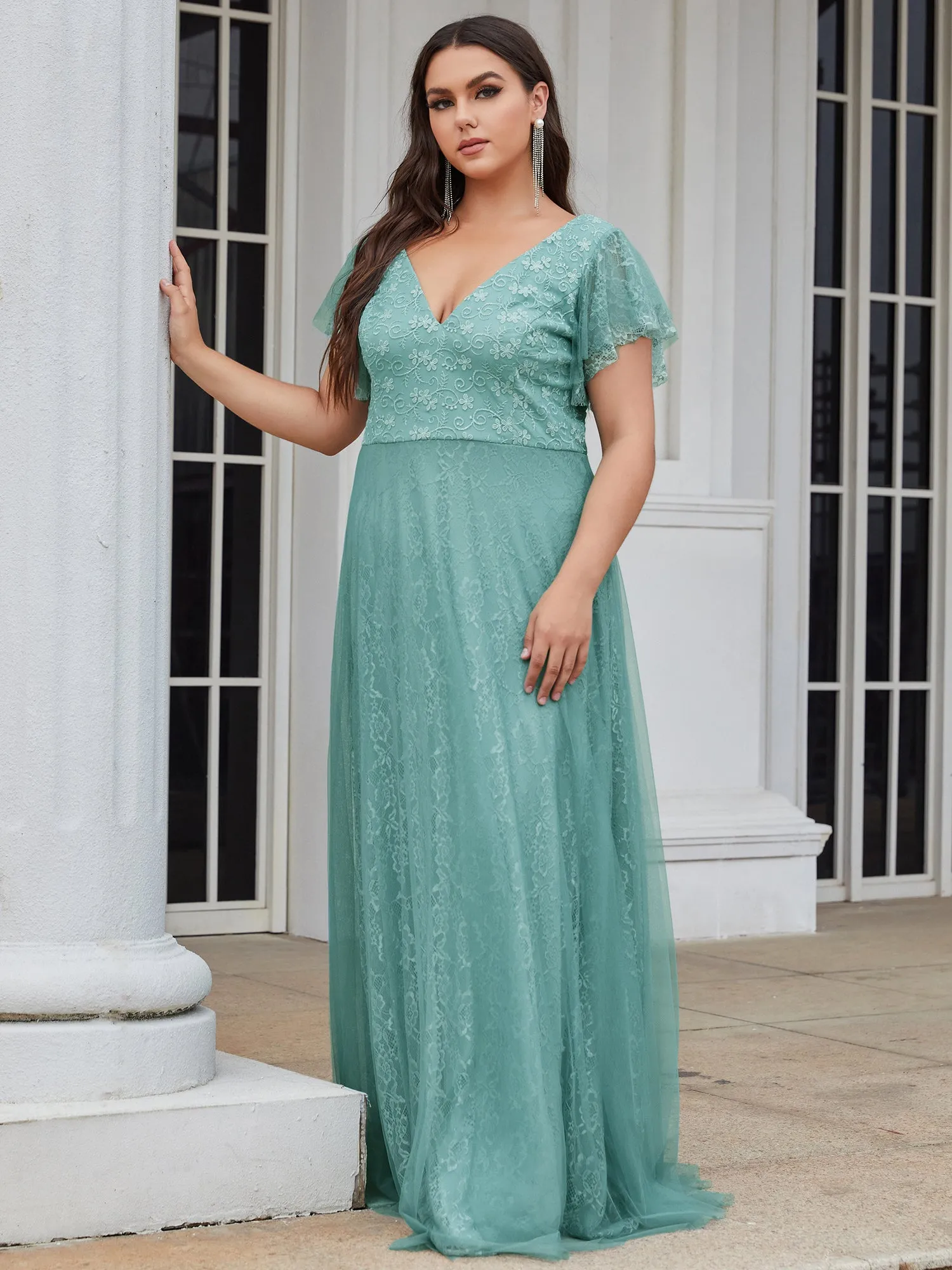 Double V-Neck Floor Length Wholesale Dresses with Short Sleeve