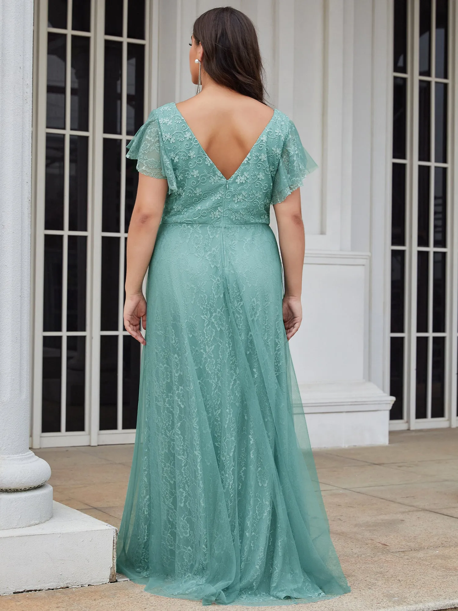 Double V-Neck Floor Length Wholesale Dresses with Short Sleeve