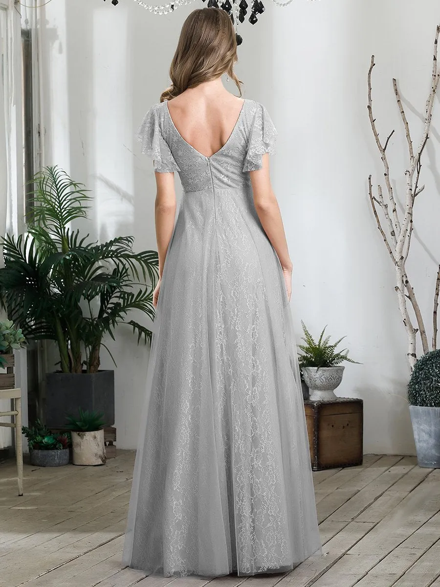 Double V-Neck Floor Length Wholesale Dresses with Short Sleeve