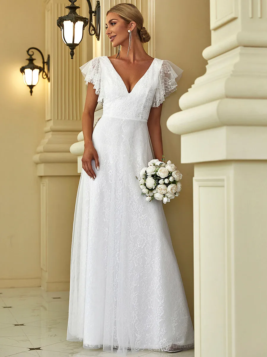 Double V-Neck Floor Length Wholesale Dresses with Short Sleeve