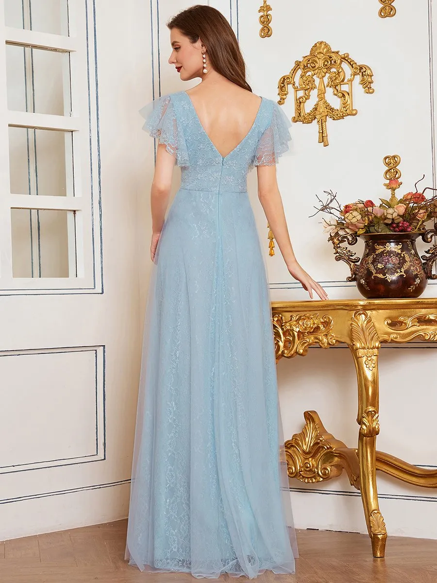 Double V-Neck Floor Length Wholesale Dresses with Short Sleeve