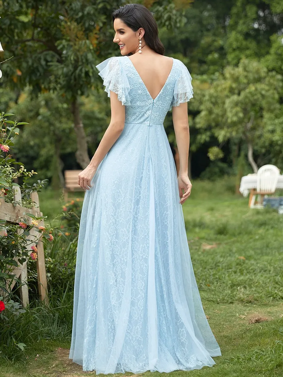 Double V-Neck Floor Length Wholesale Dresses with Short Sleeve