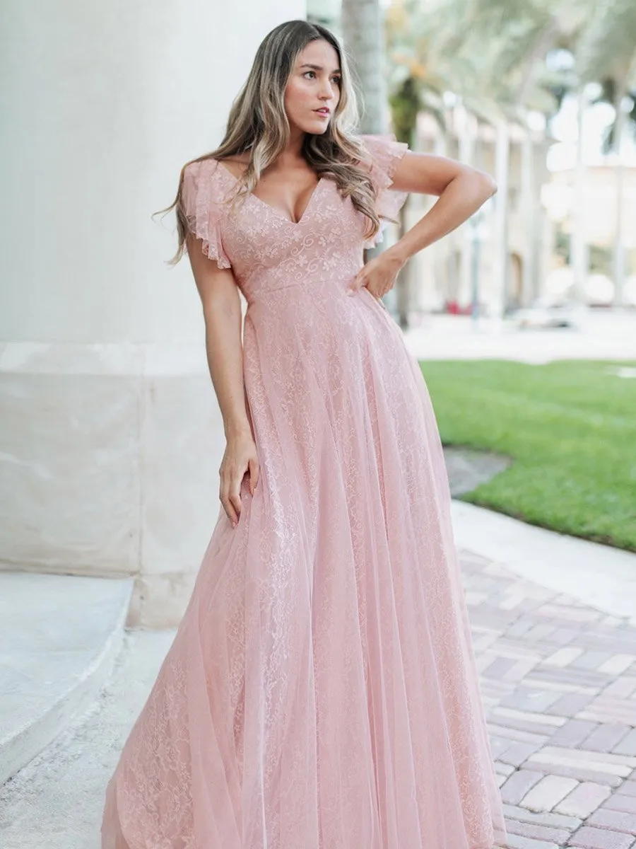 Double V-Neck Floor Length Wholesale Dresses with Short Sleeve