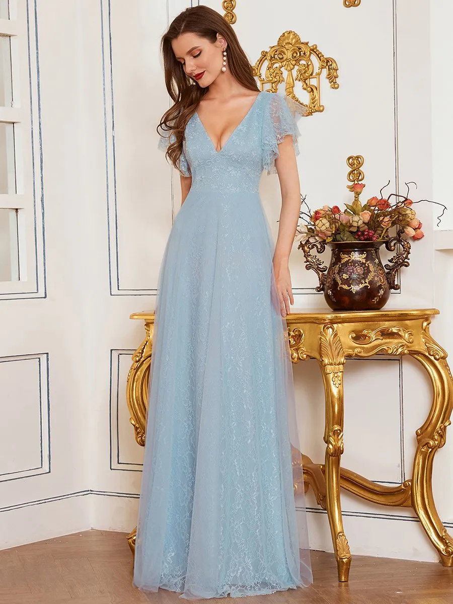 Double V-Neck Floor Length Wholesale Dresses with Short Sleeve