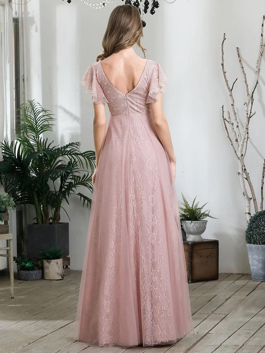 Double V-Neck Floor Length Wholesale Dresses with Short Sleeve