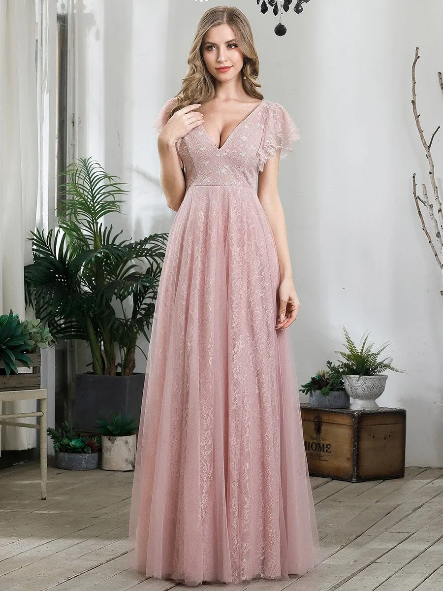 Double V-Neck Floor Length Wholesale Dresses with Short Sleeve