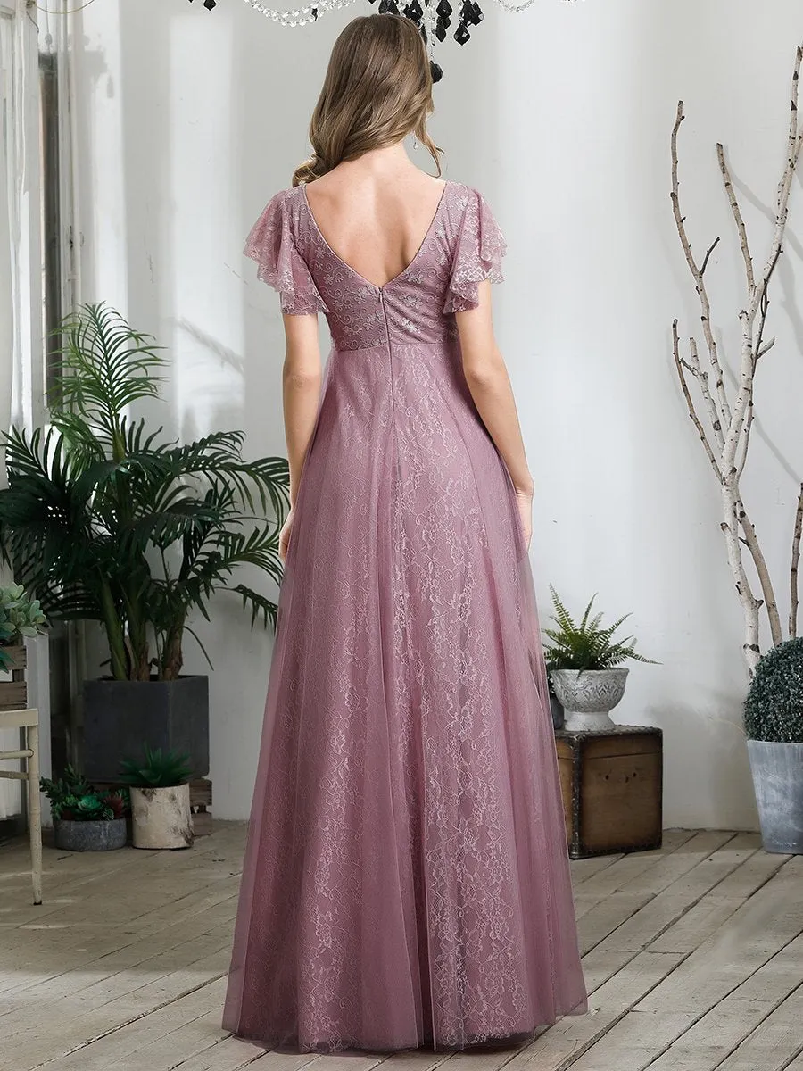 Double V-Neck Floor Length Wholesale Dresses with Short Sleeve