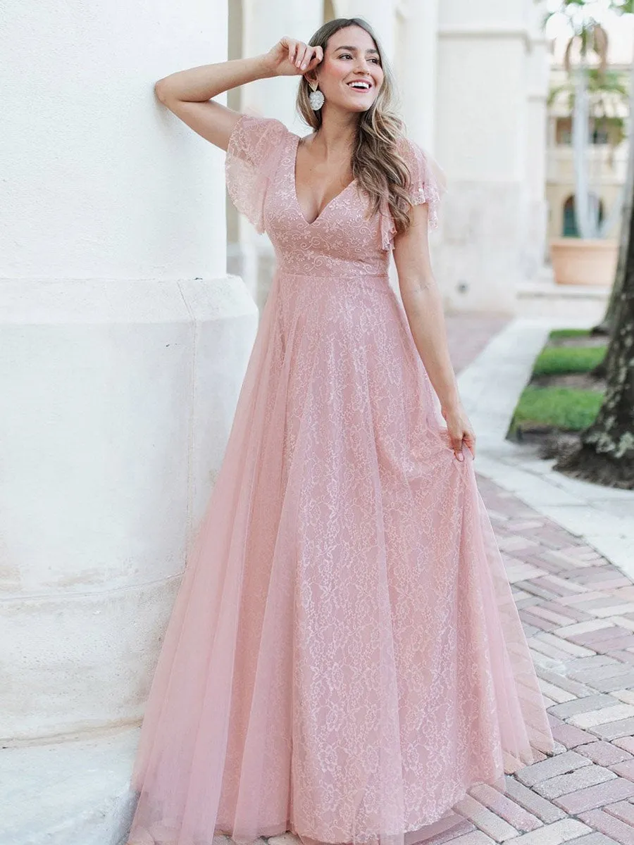 Double V-Neck Floor Length Wholesale Dresses with Short Sleeve