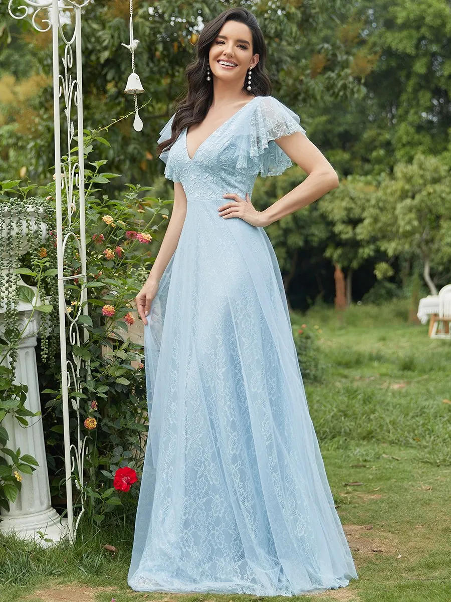 Double V-Neck Floor Length Wholesale Dresses with Short Sleeve