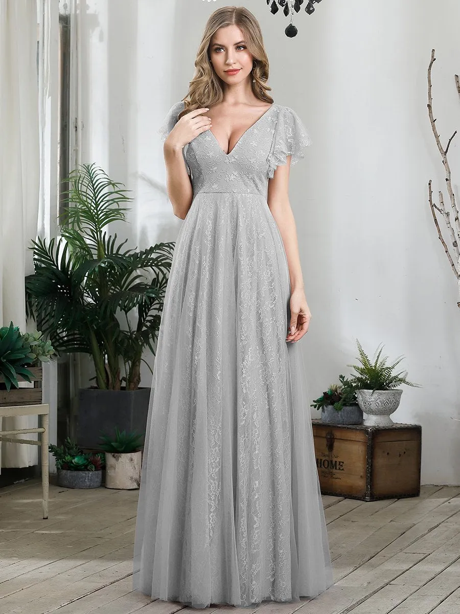 Double V-Neck Floor Length Wholesale Dresses with Short Sleeve