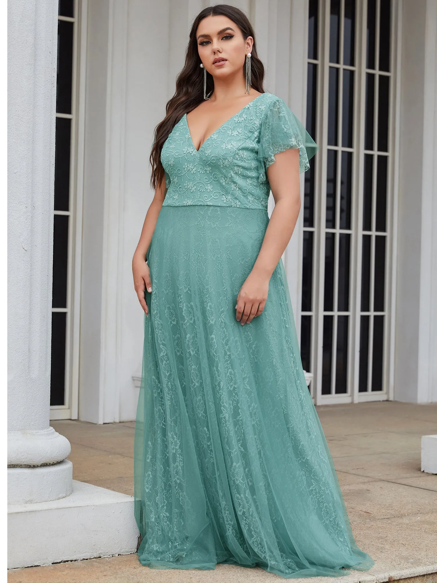 Double V-Neck Floor Length Wholesale Dresses with Short Sleeve