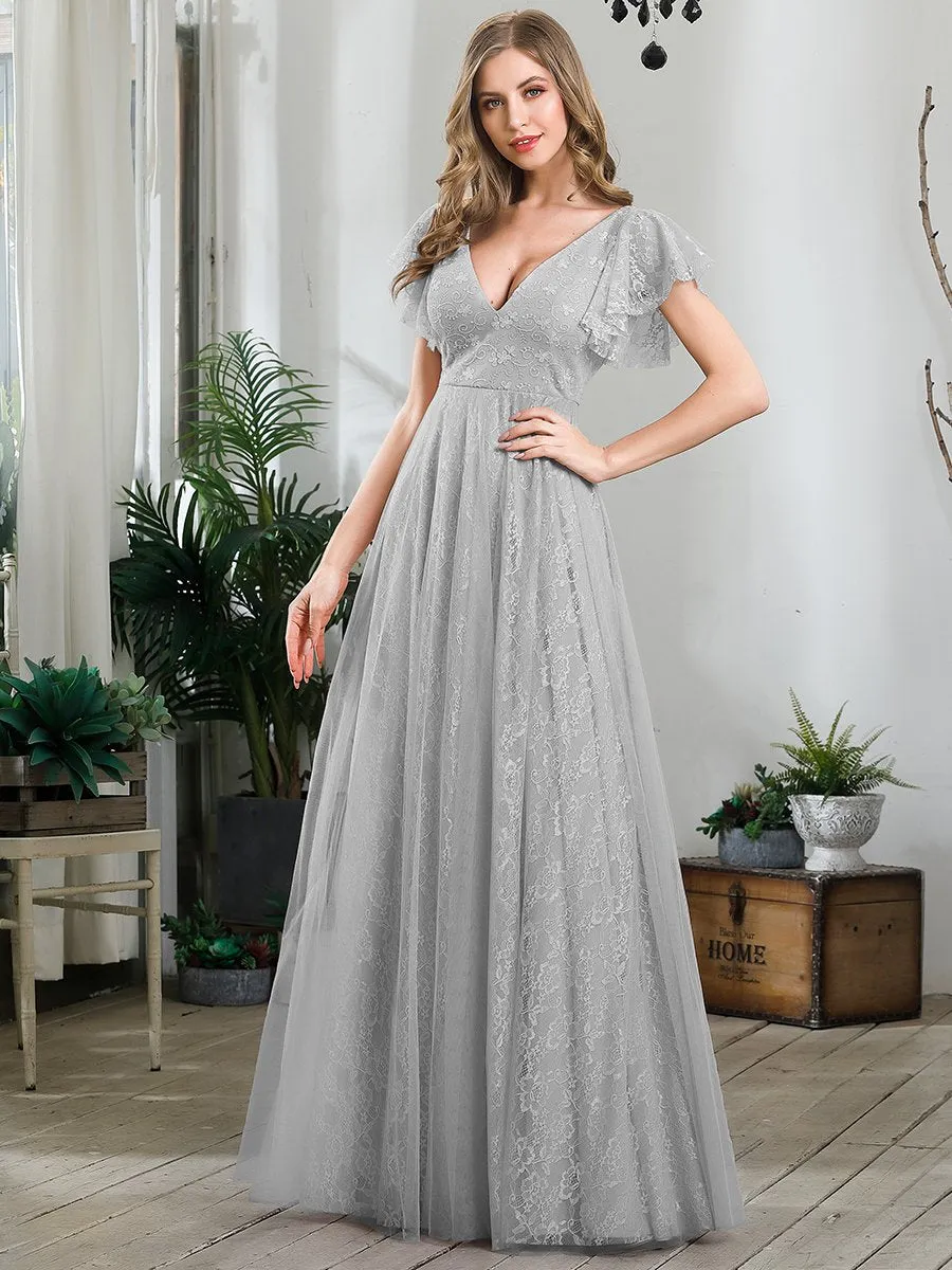 Double V-Neck Floor Length Wholesale Dresses with Short Sleeve