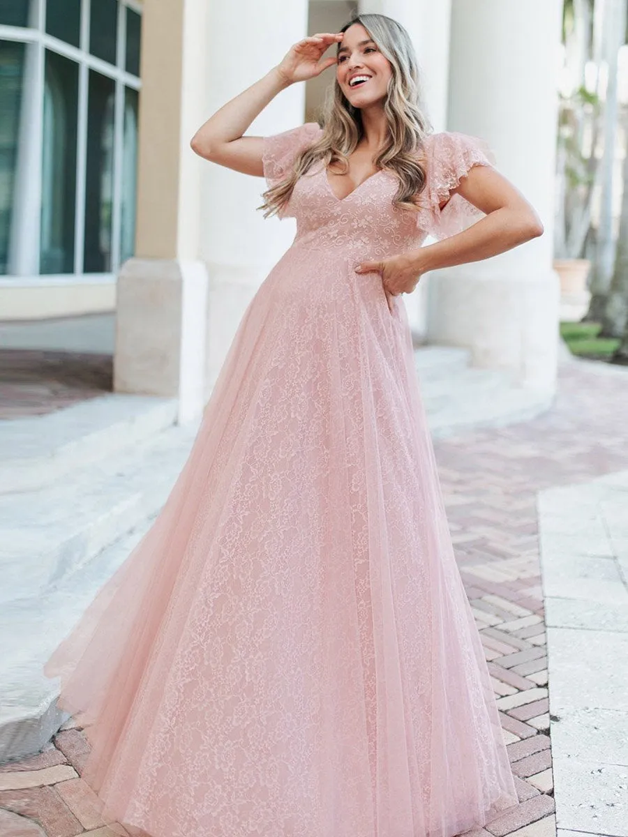 Double V-Neck Floor Length Wholesale Dresses with Short Sleeve
