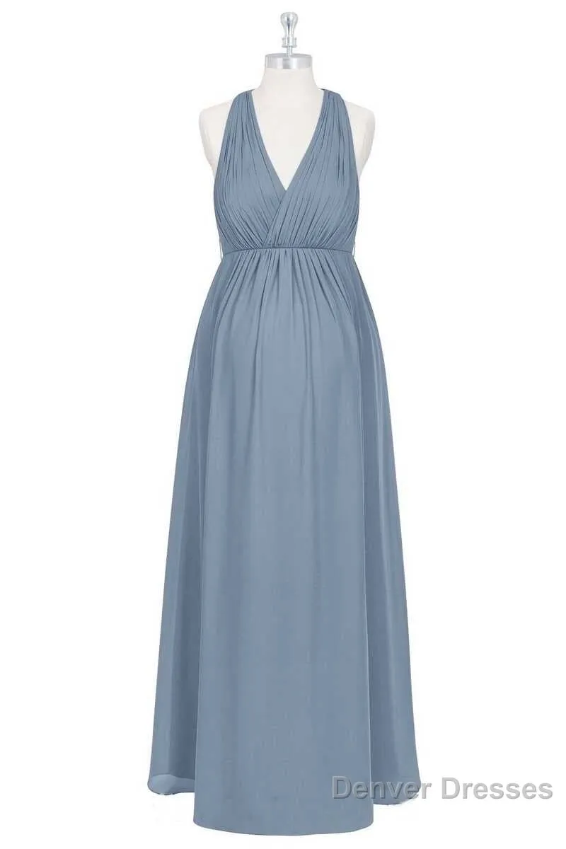 Dusty Blue Halter Backless Maternity Bridesmaid Dress