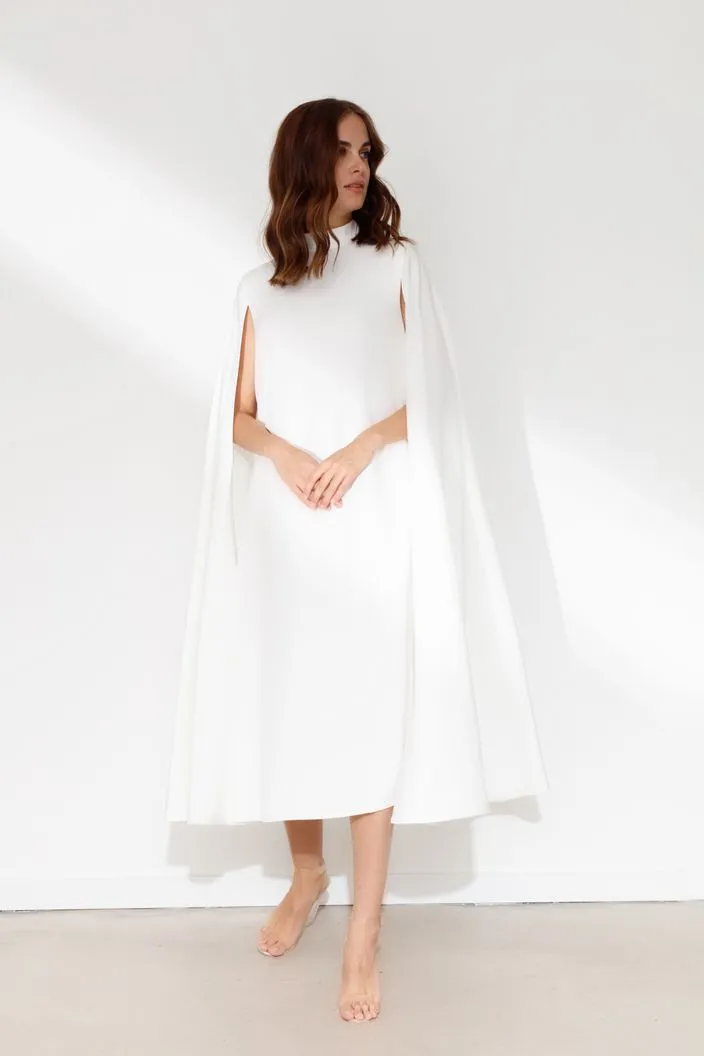 Falling Sleeves High Neck Column White Wedding Dress