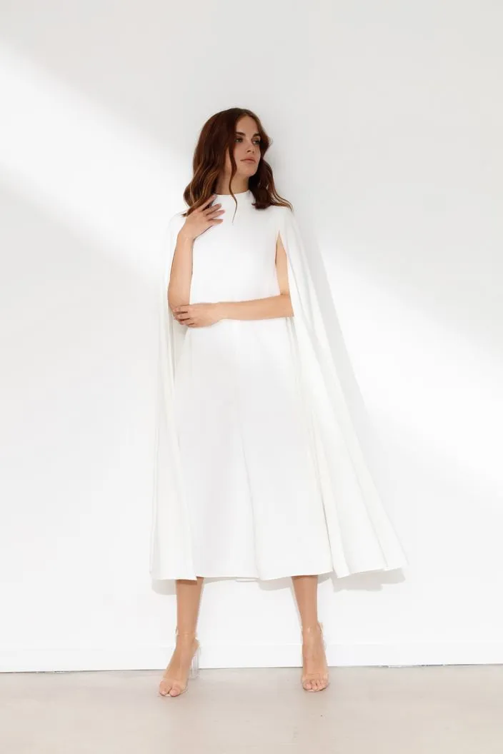 Falling Sleeves High Neck Column White Wedding Dress