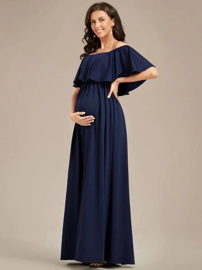 Flattering A-Line Maternity Dress with Off-Shoulder Ruffle