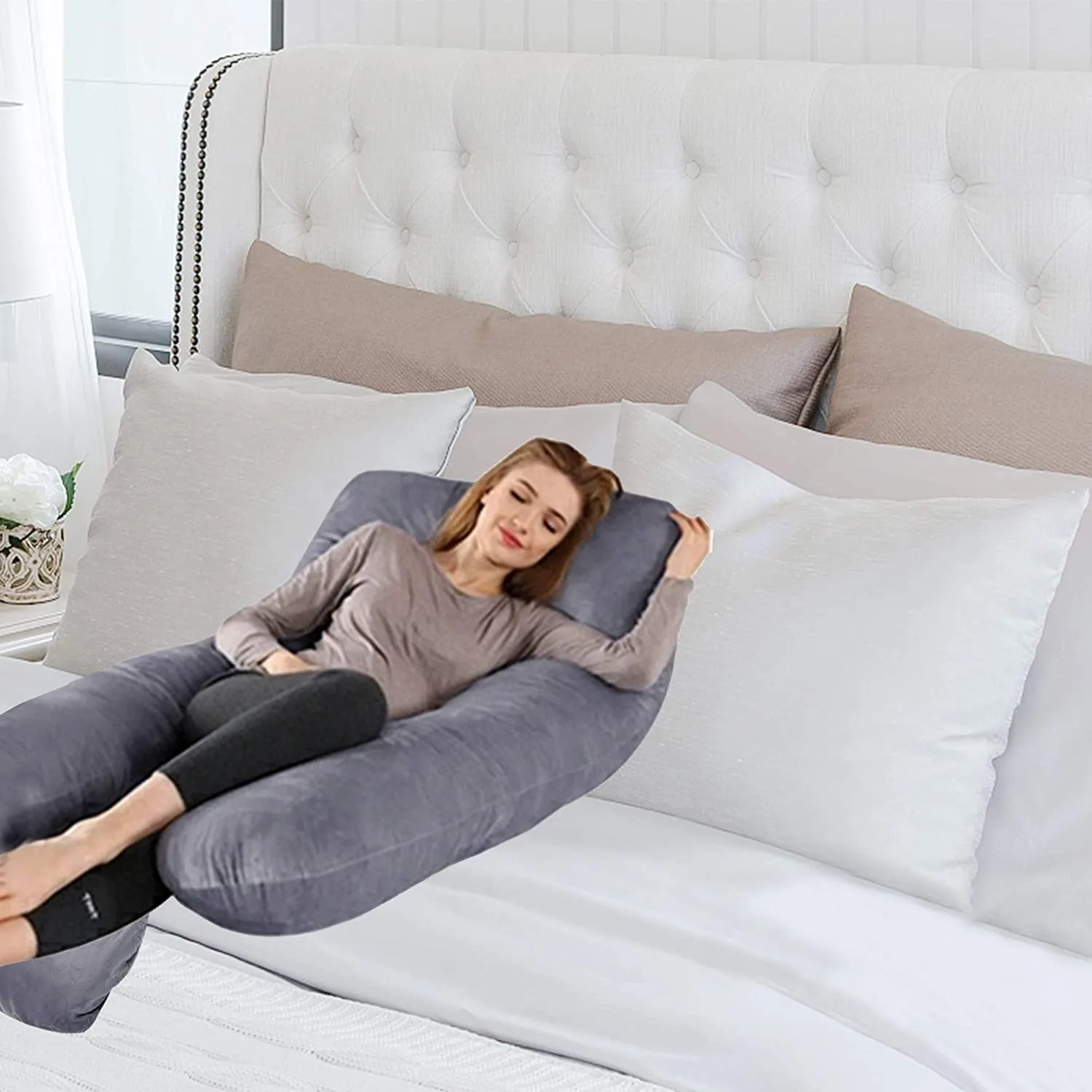 J-Shape Full Body Pillow 55 Inch Maternity Pillow with Washable Velvet Cover Nursing Support Cushion, Support for Back
