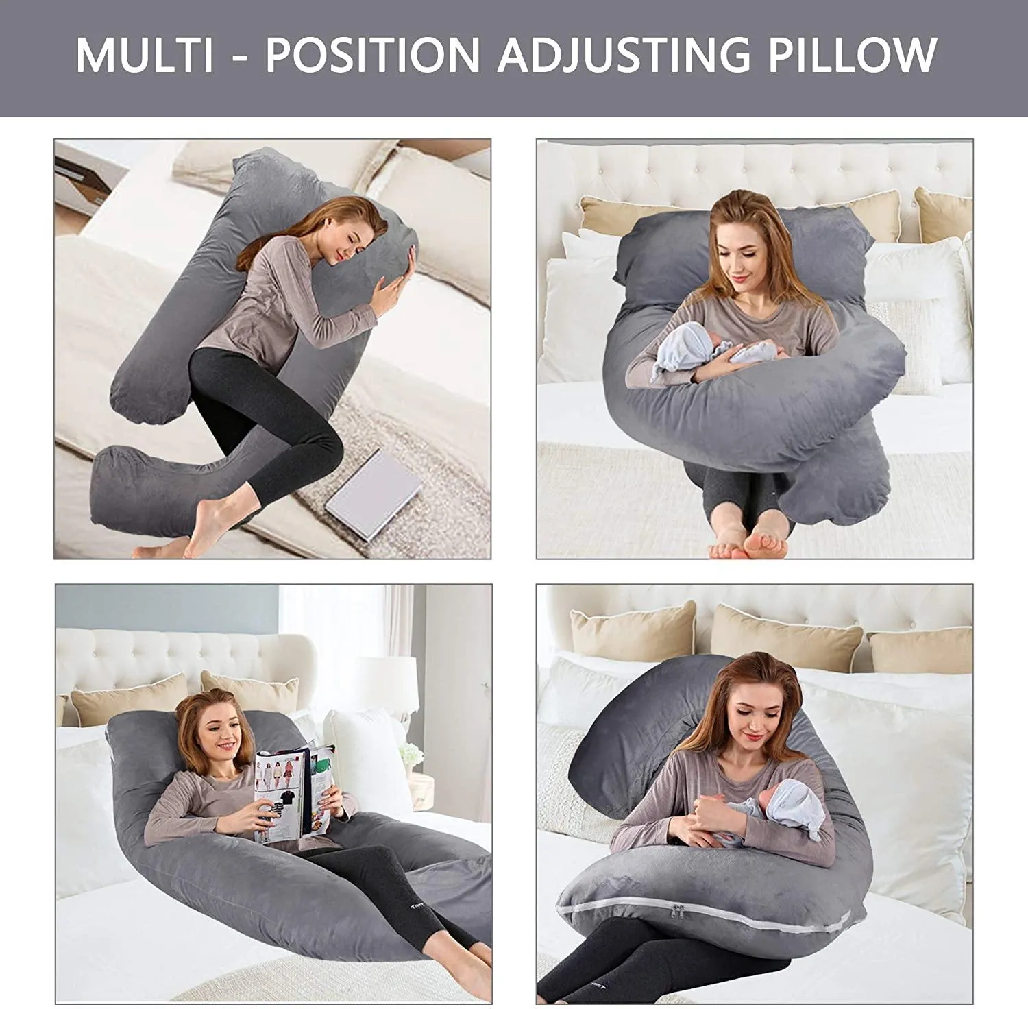 J-Shape Full Body Pillow 55 Inch Maternity Pillow with Washable Velvet Cover Nursing Support Cushion, Support for Back